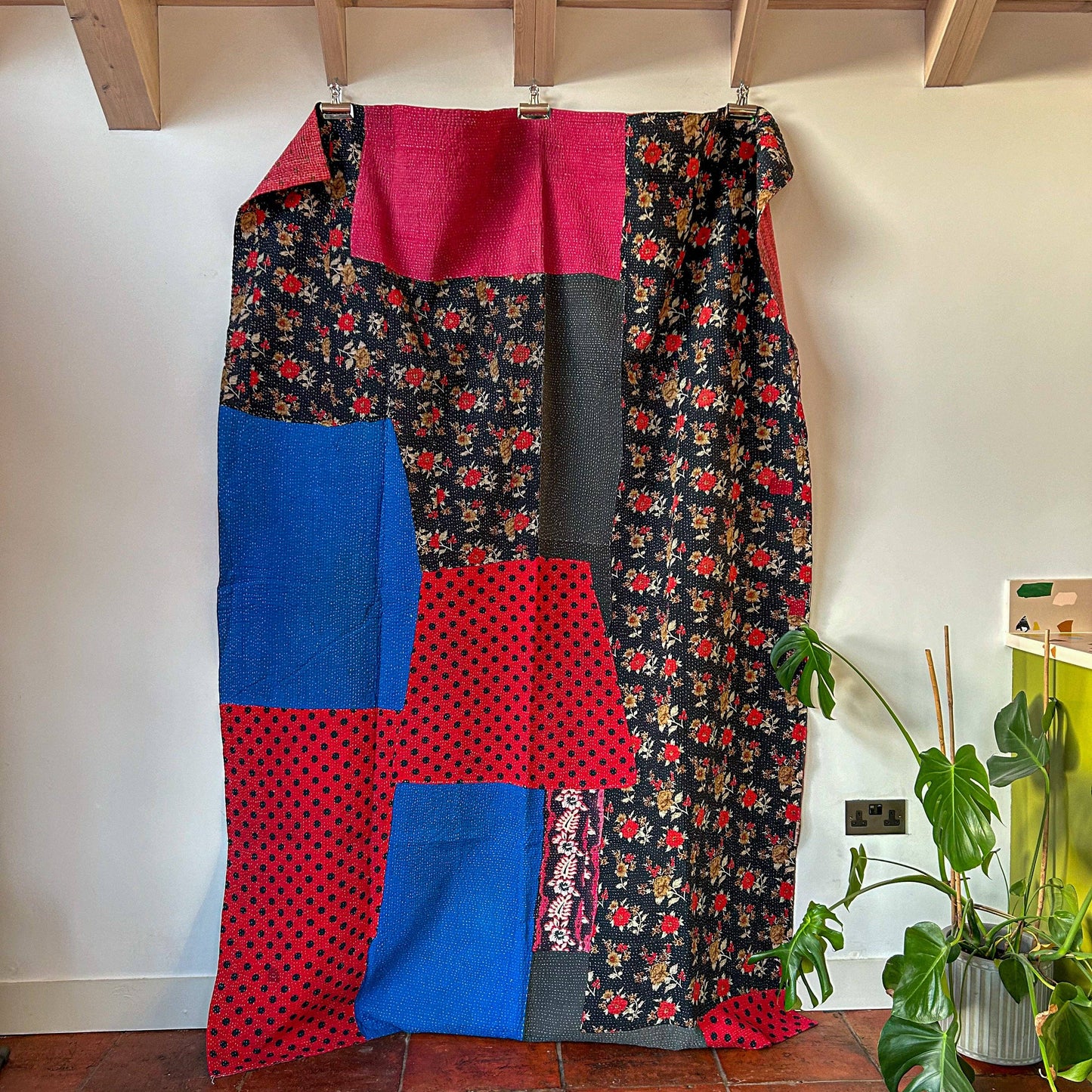 Vintage Kantha Blanket, pink and patchwork