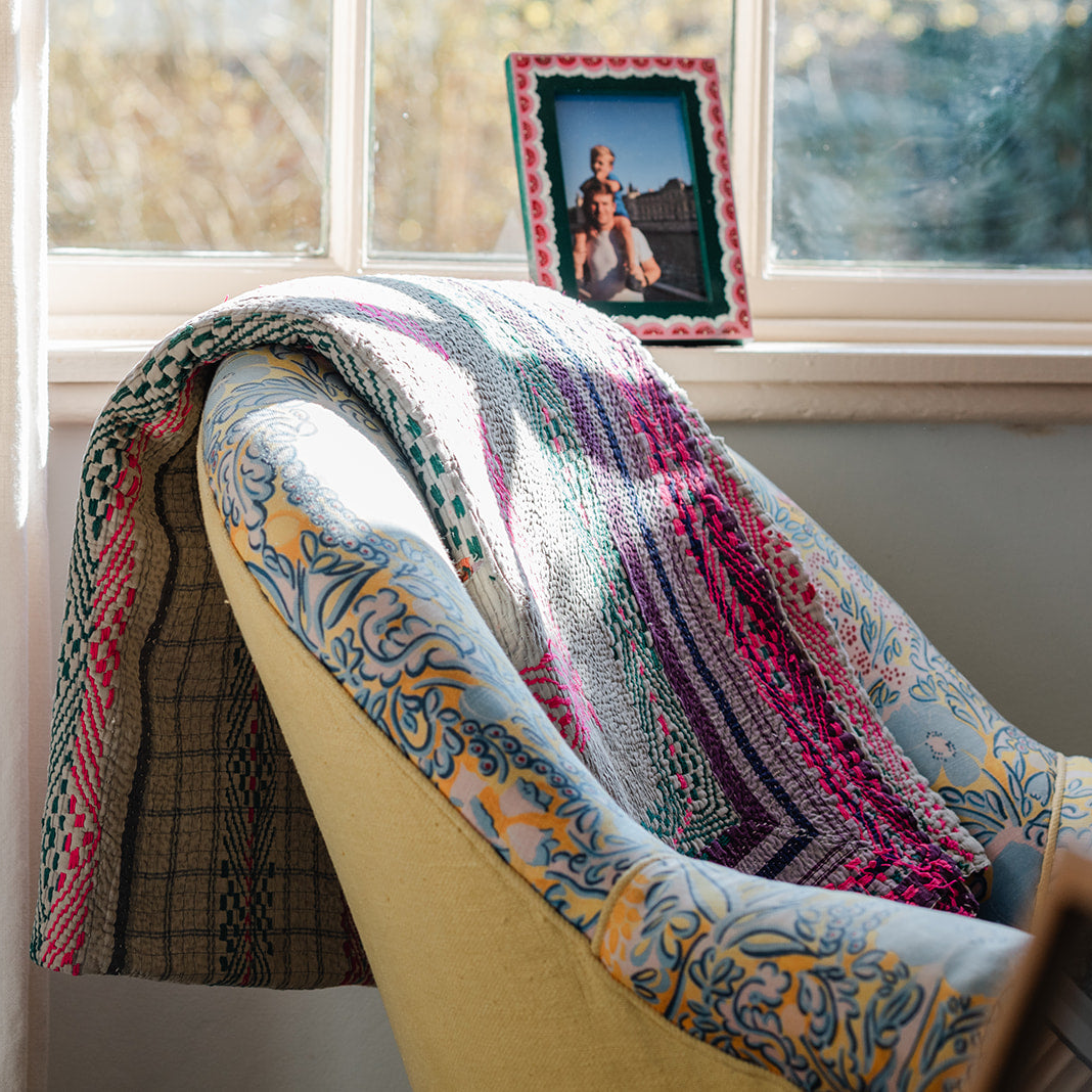 Vintage Kantha, neutral one side, color block the other