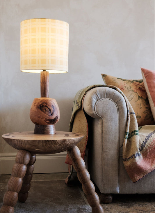 Yellow check 25cm drum lampshade dyed with Weld