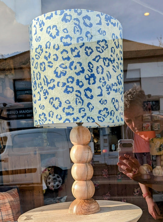 Pale green 30cm drum lampshade with abstract blue pattern