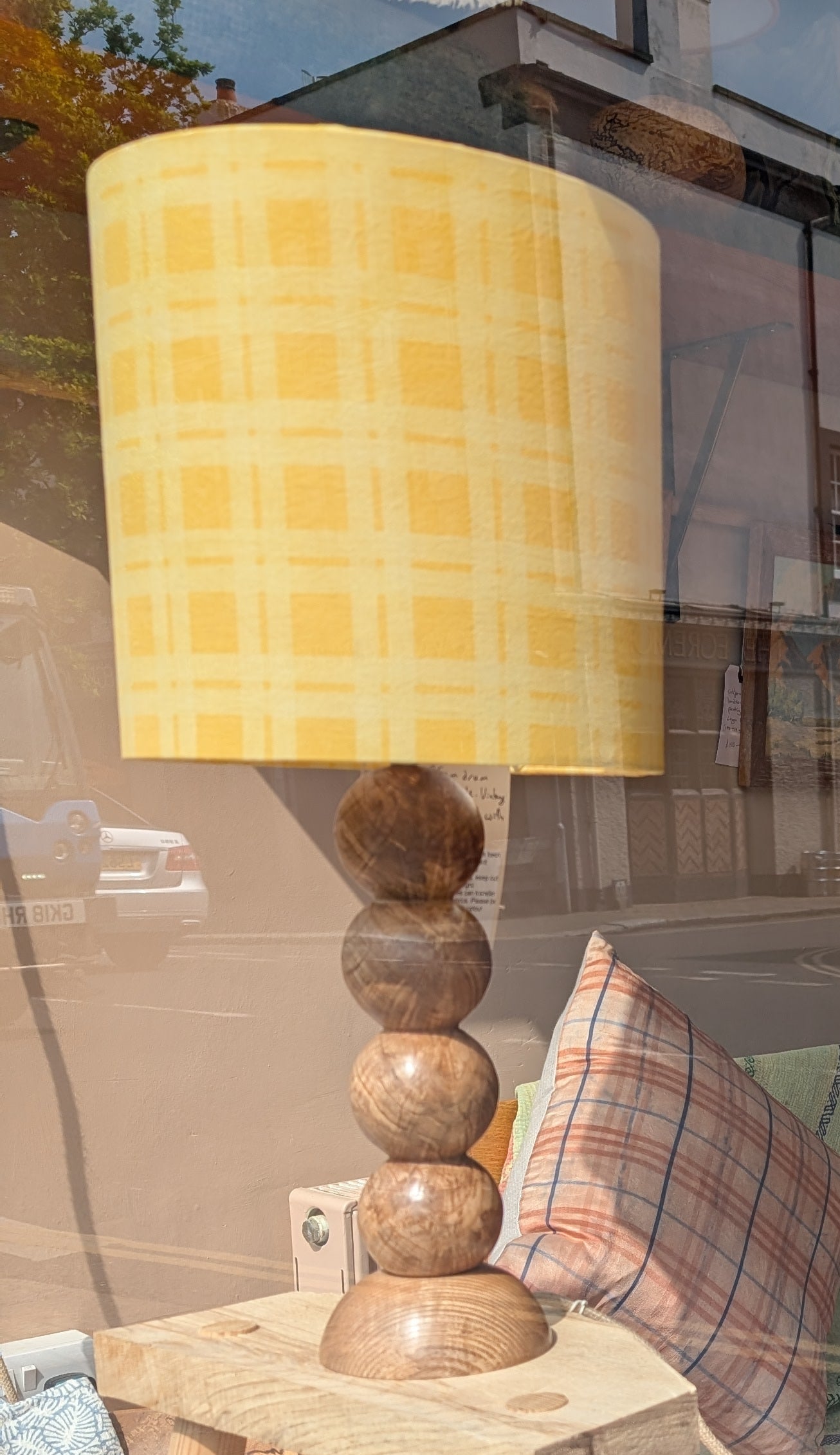 Yellow check 25cm drum lampshade dyed with Weld