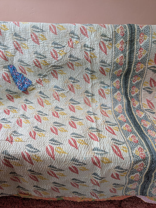 Vintage Kantha Blanket - pale green and yellow