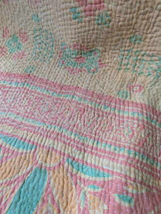 Vintage Kantha Blanket - pale green and yellow