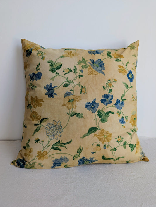 Light yellow floral cushion dyed with pomegranate