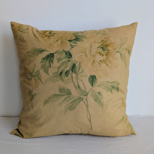 Light yellow floral cushion dyed with rhubarb root