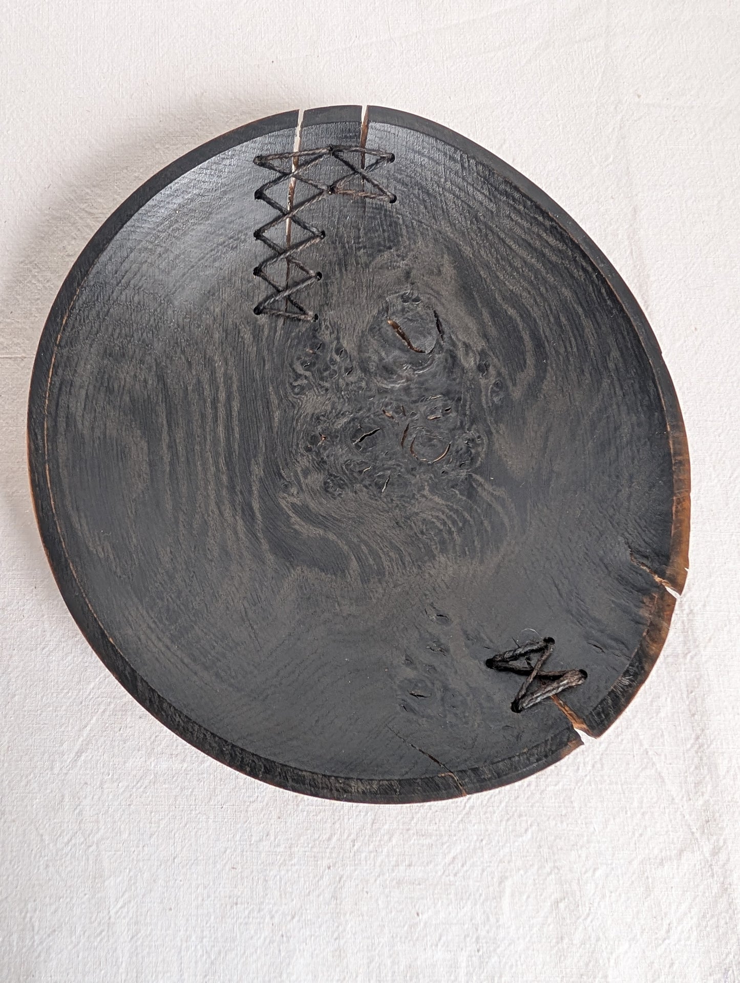 Blackened Oak Burr Platter with Stitching