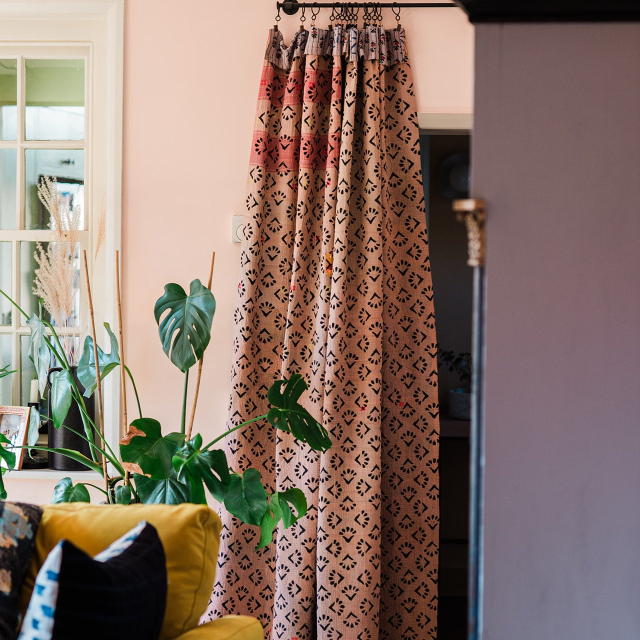 Vintage Kantha, neutral one side, color block the other