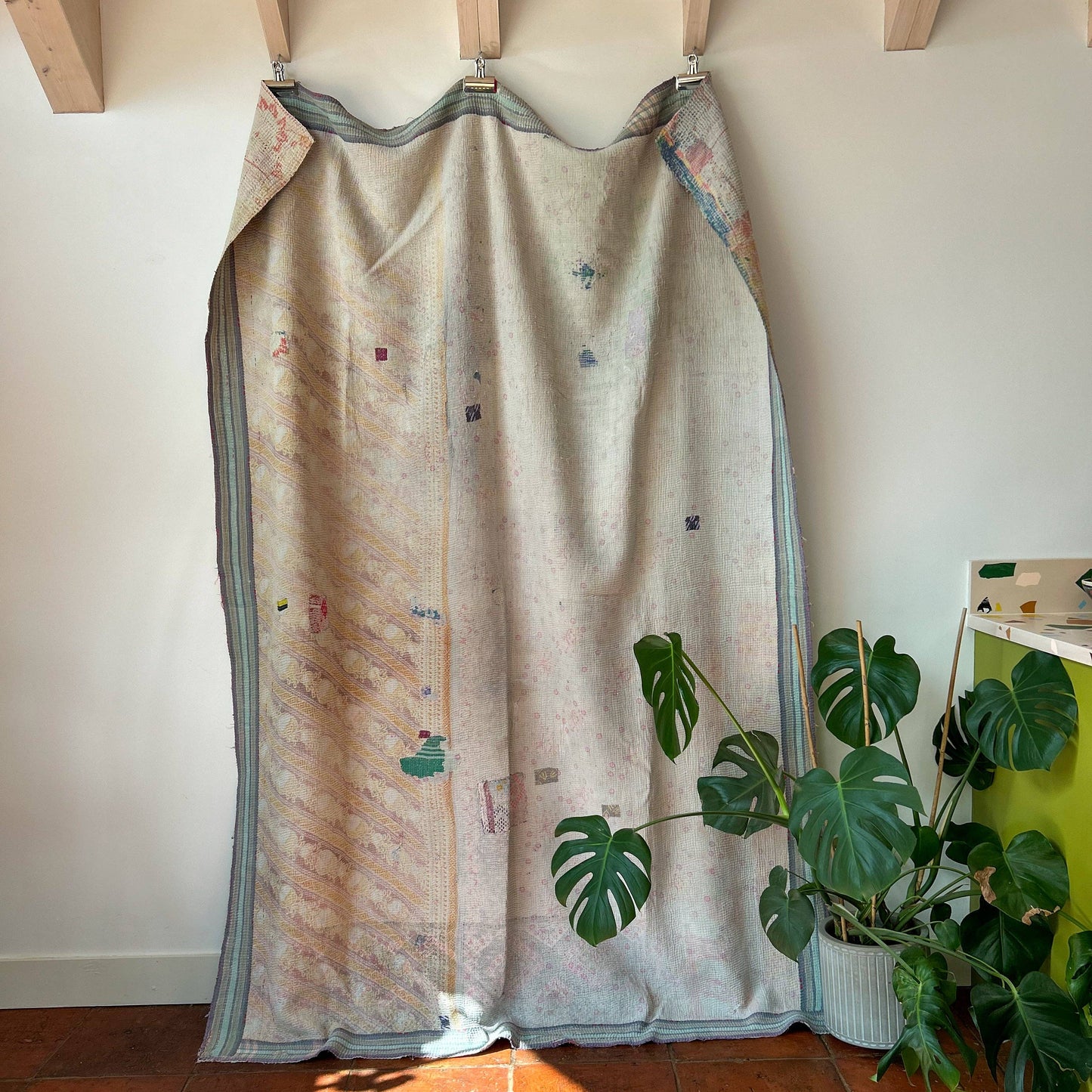 Vintage Kantha, neutral one side, color block the other