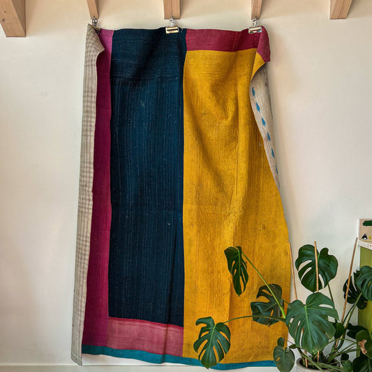 Vintage Kantha, neutral one side, color block the other