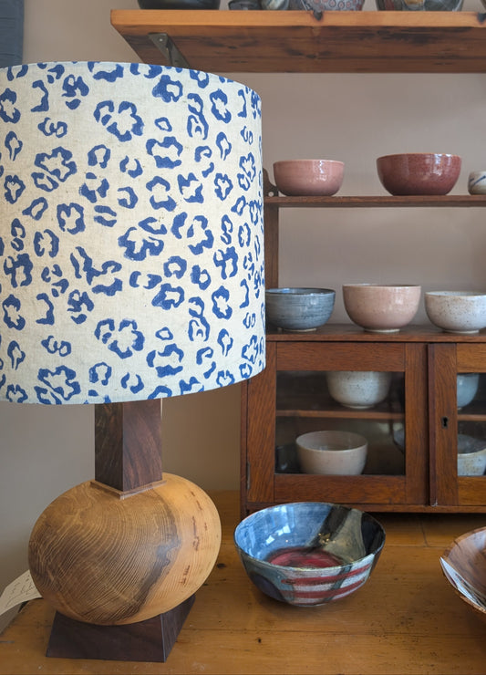 Pale green 30cm drum lampshade with abstract blue pattern