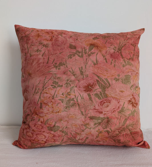 Coral Pink Floral Cushion – Madder Dyed Cotton (45cm)