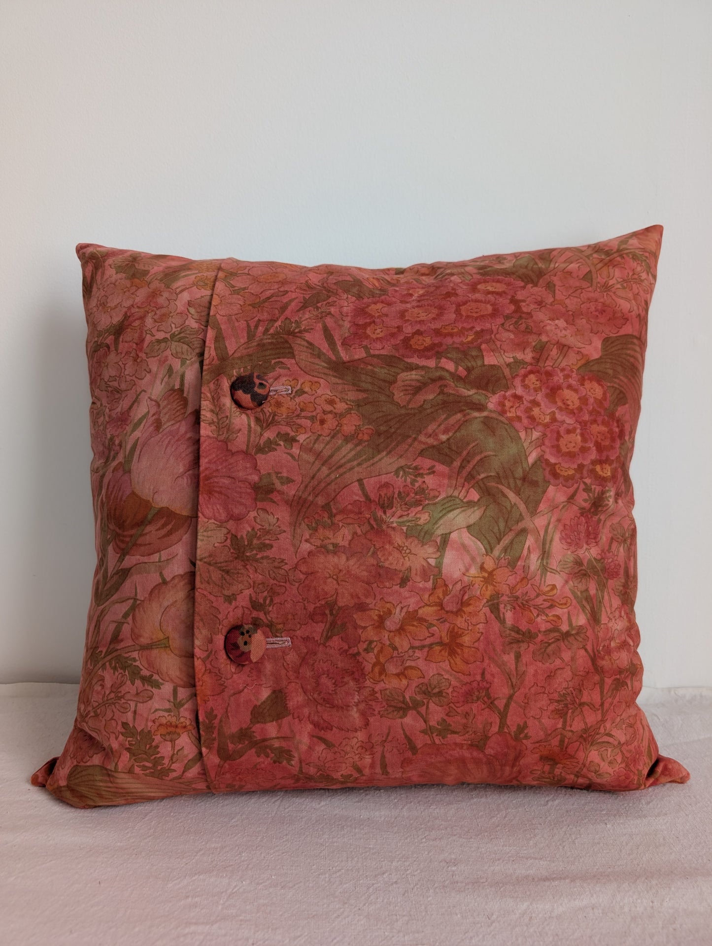 Coral Pink Floral Cushion – Madder Dyed Cotton (45cm)