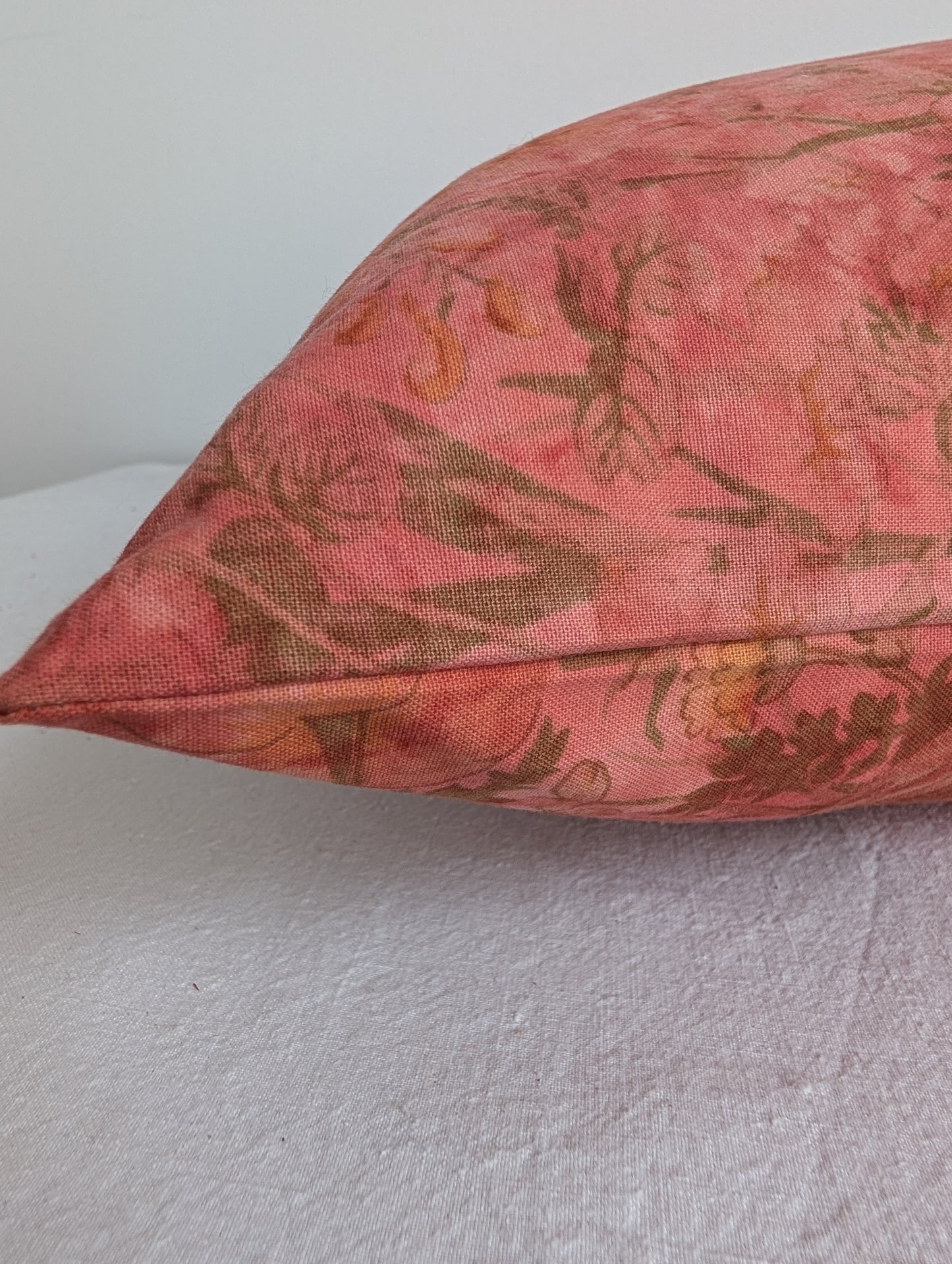 Coral Pink Floral Cushion – Madder Dyed Cotton (45cm)