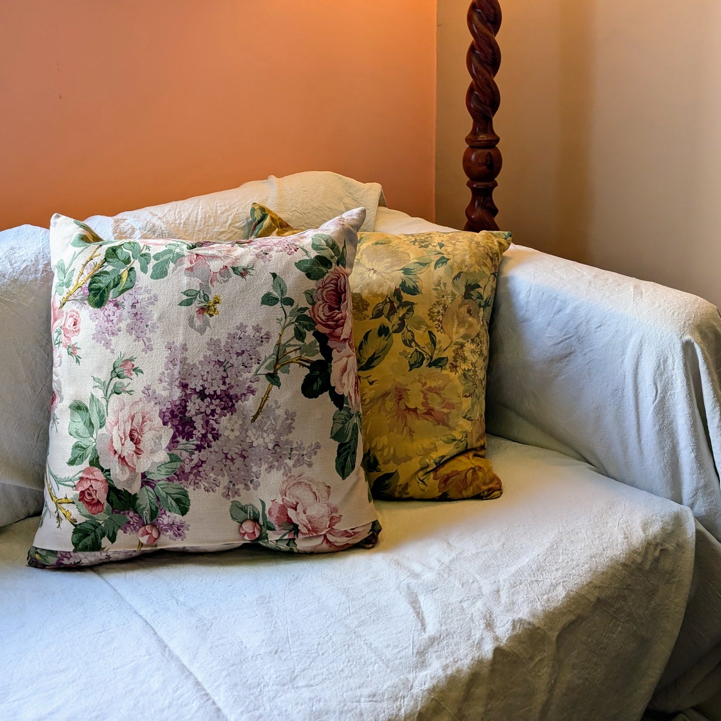 Beige and pink floral cushion dyed with walnut