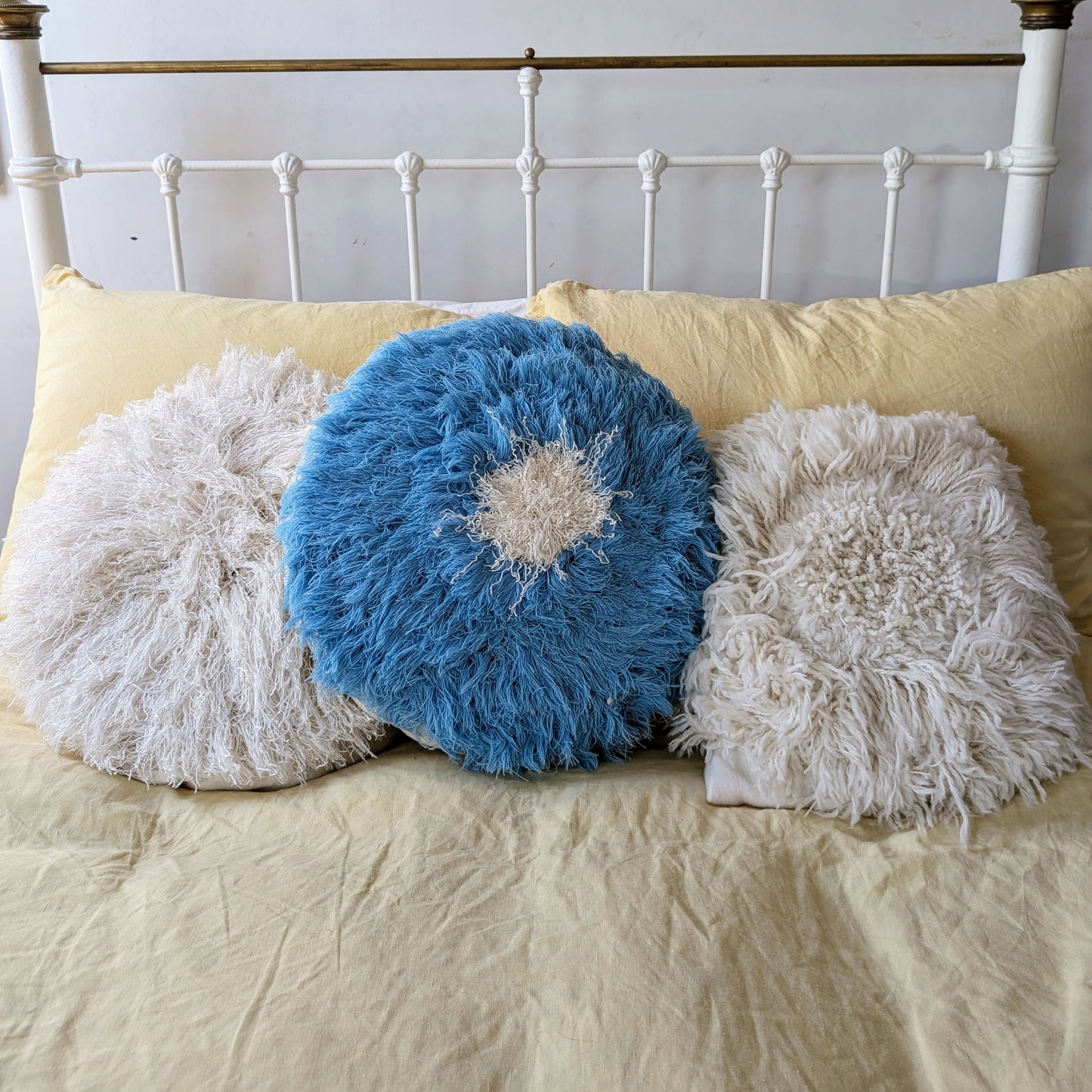 Blue and white pure wool fluffy cushion