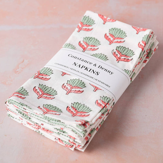 Lotus Flower, Sage and Pink set of 6 cotton napkins