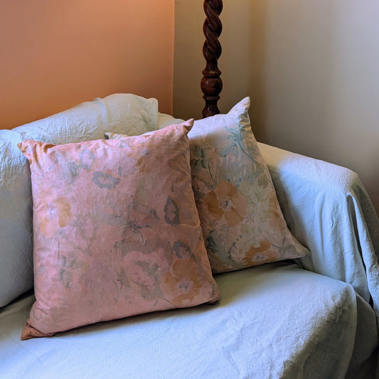 Coral floral cushion dyed with orange madder