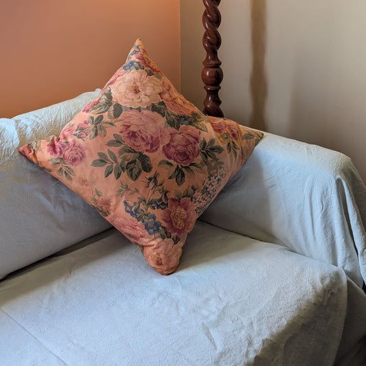 Pink floral cushion dyed with orange madder