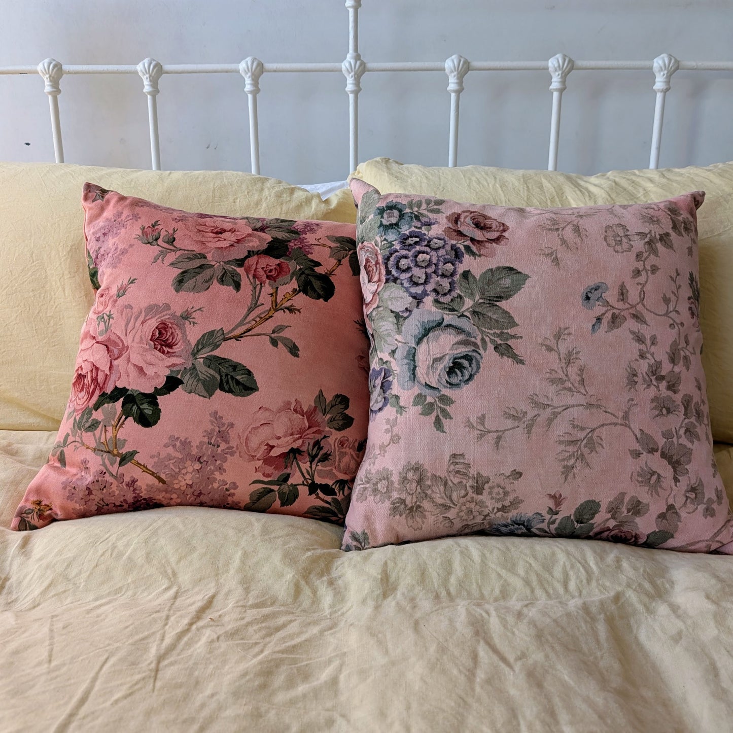 Pink floral linen cushion dyed with madder