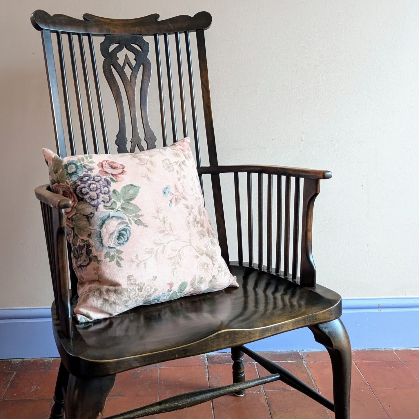 Pink floral linen cushion dyed with madder