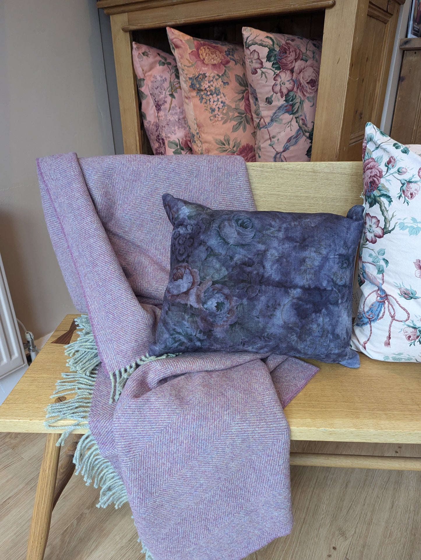 Purple rectangular floral cushion dyed with logwood