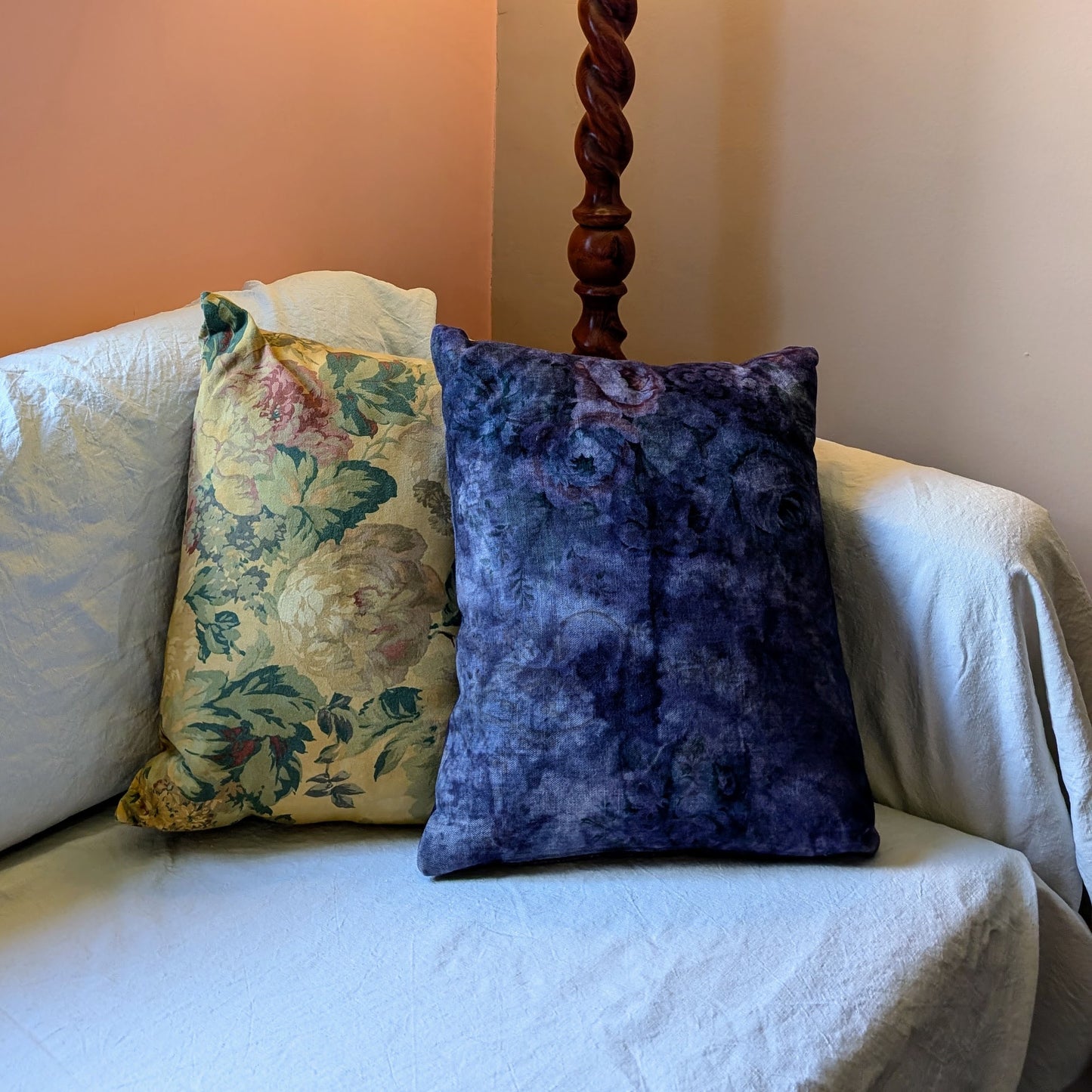 Purple rectangular floral cushion dyed with logwood