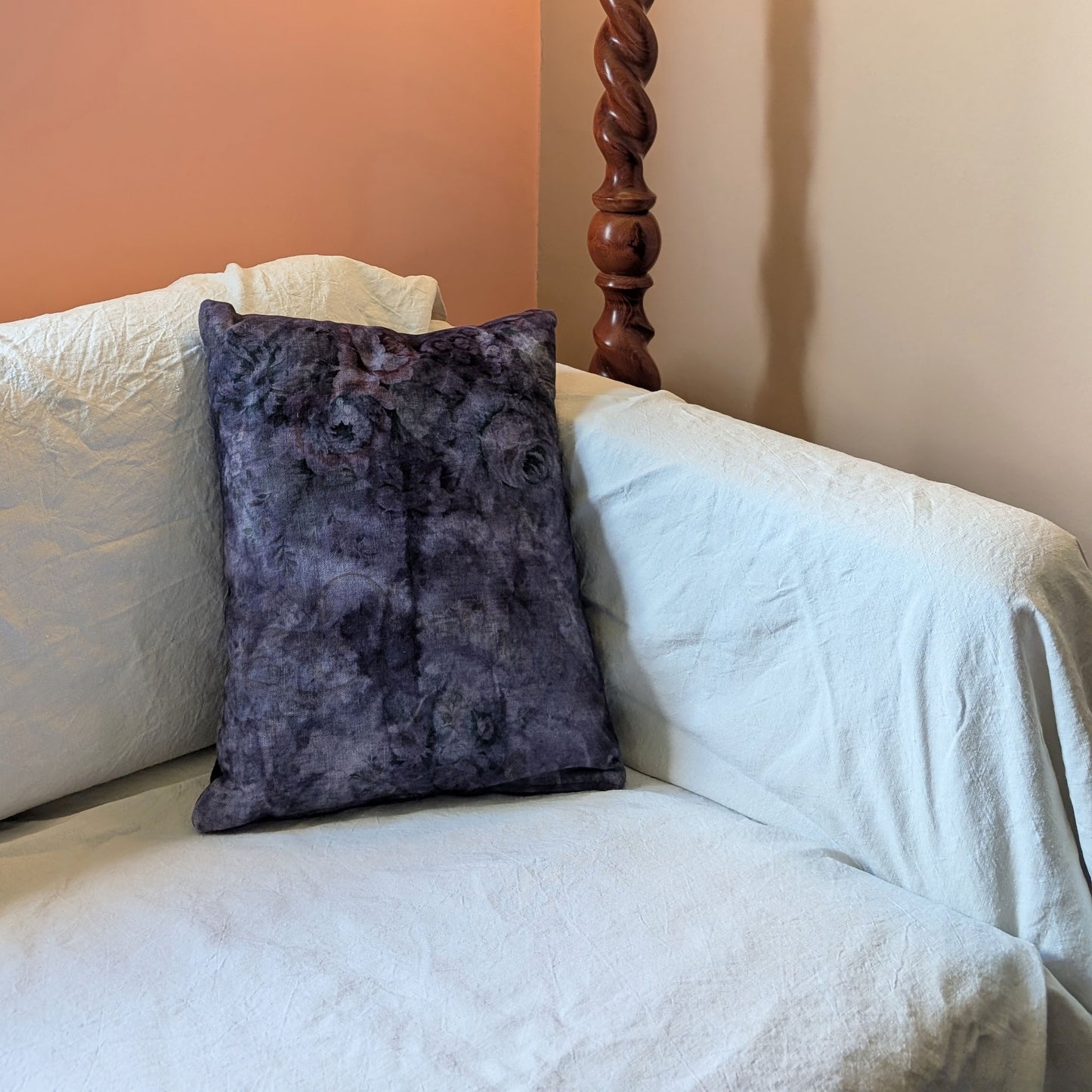 Purple rectangular floral cushion dyed with logwood